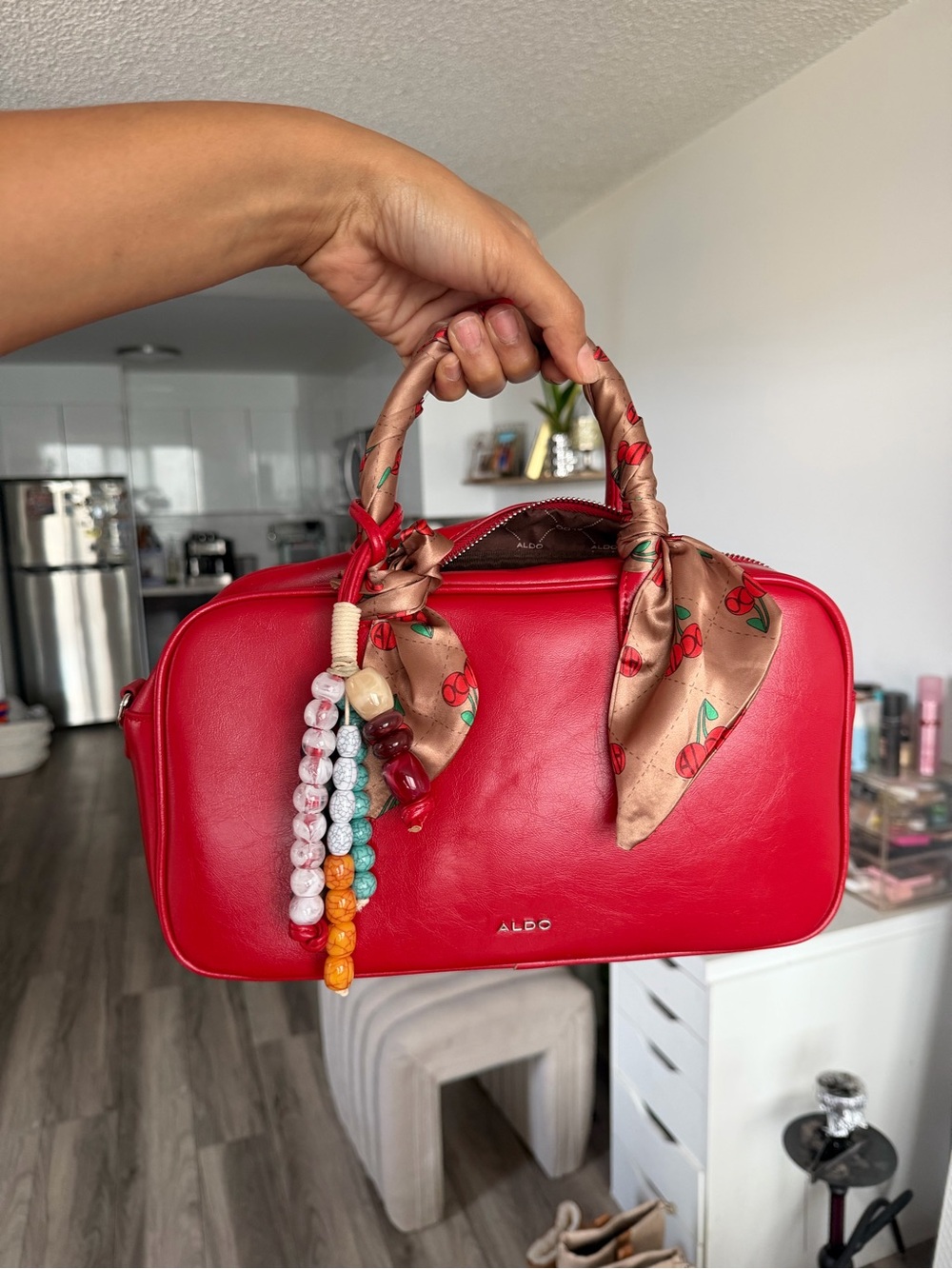 ALDO Red Top-Handle Bag with Scarf Detail